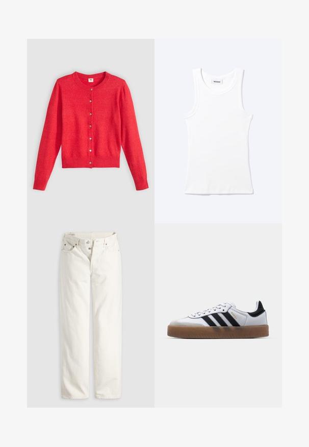 Cardigan rouge en tissu doux avec un col rond, des manches longues et une fermeture à boutons sur le devant. Caractérisé par des boutons assortis.; Débardeur blanc côtelé sans manches avec encolure ronde et une petite étiquette indiquant "WEEKDAY" à l'intérieur du col.; Jean blanc taille haute à jambes droites avec braguette à boutons, poches avant et arrière, et rivets en cuivre visibles aux coins des poches.; Baskets en cuir blanc avec des rayures noires, semelle extérieure en caoutchouc beige, bout rond, fermeture lacée et embout en suède gris doux.