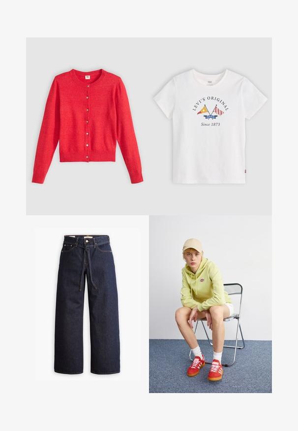 Rød cardigan lavet af blødt stof med rund halsudskæring, lange ærmer og knaplukning foran. Har matchende knapper.; Hvid Levi's T-shirt med korte ærmer med korsede gule og røde flag og teksten "Levi's Original Since 1873" på frontens midte.; Bredde ben mørkeblå denim jeans med høj talje, der har snoretræk, fem lommer og kontrastsyet detaljer.; Lysegrøn hættetrøje med logo, hvide shorts, røde sneakers med hvide striber, siddende på en krom foldebænk mod en neutral baggrund.