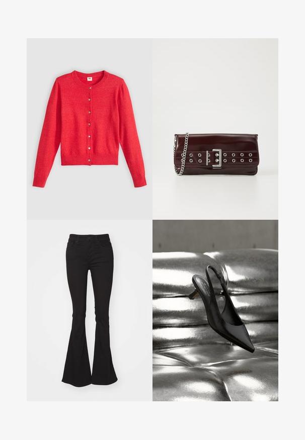Cardigan rouge en tissu doux avec un col rond, des manches longues et une fermeture à boutons sur le devant. Caractérisé par des boutons assortis.; Jean noir évasé à taille haute, avec une fermeture à bouton et zip standard, deux poches avant et un tissu légèrement texturé.; Chaussure slingback noire à bout pointu avec une finition en cuir brillant, dotée d'un petit talon bloc et d'une fine sangle à la cheville, suspendue au-dessus d'une surface métallique.; Pochette en simili cuir bourgogne avec une bandoulière en chaîne argentée, dotée d'un design de boucle et d'œillets en métal sur le devant pour plus de détails.