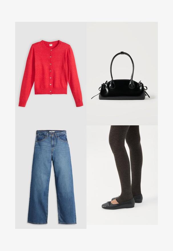 Rød cardigan lavet af blødt stof med rund halsudskæring, lange ærmer og knaplukning foran. Har matchende knapper.; Blå denim brede jeans med høj talje, der har fem lommer, kontrastsyning og lynlås.; Ben iført mørke ribbede leggings kombineret med sorte balletsko med små sløjfedetaljer på hvid baggrund.; Lille sort blank håndtaske med to lange håndtag og snøre-detaljer i siden på en ensfarvet lys baggrund.