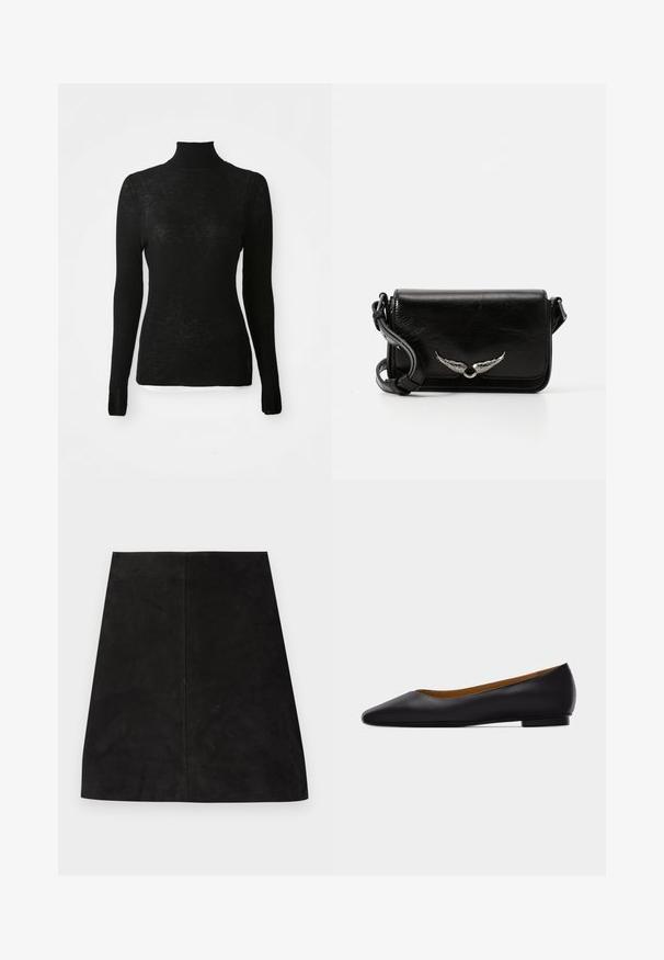 Pull en maille côtelée noir à manches longues, col roulé, coupe ajustée et texture subtile sur fond blanc.; Mini-jupe en daim noir avec une coupe droite simple, une texture lisse et un détail de couture centrale. Pas de fermeture apparente ni d'ornements.; Chaussure plate en cuir noir à bout pointu avec talon bas et finition lisse, vue de côté sur un fond gris clair.; Sac en cuir noir à bandoulière avec un design à rabat, présentant des accents d'aile en argent et une finition texturée. Sangle réglable incluse.