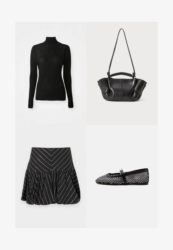 Pull en maille côtelée noir à manches longues, col roulé, coupe ajustée et texture subtile sur fond blanc.; Mini-jupe évasée noire avec des rayures diagonales argentées et une couture froncée sous la ceinture pour plus de volume et de texture.; Chaussure plate Mary Jane noire avec des clous ronds argentés couvrant la tige et une fine bride avec une petite boucle argentée.; Sac à main en cuir noir avec une finition texturée, des plis souples, des doubles poignées et des détails de poignée tissée. Compact, avec un design ouvert.