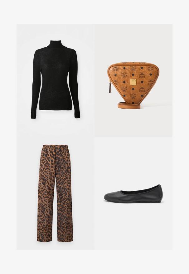 Pull en maille côtelée noir à manches longues, col roulé, coupe ajustée et texture subtile sur fond blanc.; Pantalons ample en imprimé léopard dans des tons de marron, dotés d'une taille élastique et d'un tissu doux. Le motif comprend des taches sombres sur un fond clair.; Ballerines en cuir noir avec un bout rond, texture lisse, détails de couture minimalistes et design de semelle flexible.; Sac bandoulière triangulaire en cuir marron avec logos MCM noirs, plaque de marque en métal doré et tirette de fermeture éclair sur fond blanc.