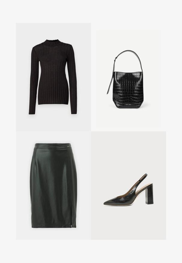 Sort ribbet langærmet sweater med en høj, flæset hals. Stoffet er glat med en tætsiddende silhuet og har vertikale striber.; Sort læderblyantskirt med høj talje, der har en slids på siden og en glat tekstur, designet til en tætsiddende silhuet.; Sort læder peep-toe slingback sko med blokhæl og et lille logo på siden, sat mod en enkel hvid baggrund.; Sort spandtaske i krokodillepræget læder med enkelt skulderrem og lille sølvfarvet mærkelogo foran nederst i midten.