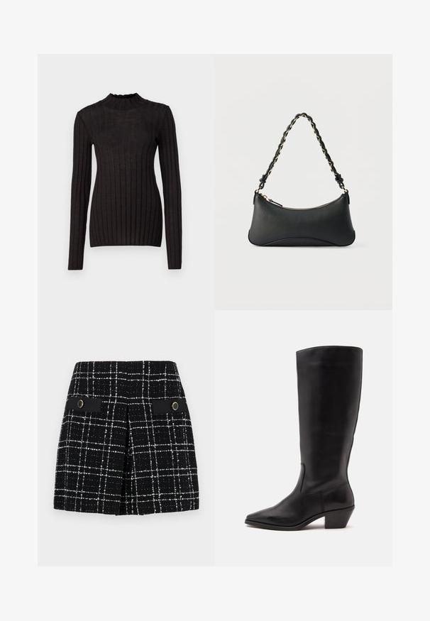 Sort ribbet langærmet sweater med en høj, flæset hals. Stoffet er glat med en tætsiddende silhuet og har vertikale striber.; Sorte og hvide ternede nederdel lavet af tekstureret stof, med to forlommer med sorte detaljer og cirkulært guld hardware.; Sort læderstøvle til midtkalv med spids tå og lavt skråt hæl på en enkel lys baggrund.; Sort skuldertaske i læder med en buet rektangulær form, gyldent kæde vævet ind i en flettet sort rem og toplynlås.