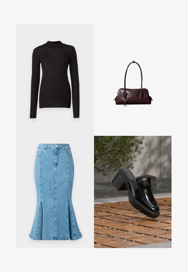 Pull noir à manches longues côtelé avec un col haut et volanté. Le tissu est lisse avec une silhouette ajustée et présente des rayures verticales.; Jupe crayon en denim bleu clair avec un ourlet évasé et des fentes latérales, dotée d'une fermeture à bouton à l'avant et de poches. Design simple et épuré.; Mule slip-on en cuir noir Calvin Klein avec talon bloc reposant sur des carreaux en bois à l'extérieur près d'une plante verte et d'un mur gris.; Sac à main en cuir brun foncé Calvin Klein avec de longues poignées doubles et un petit porte-clé logo suspendu à une poignée.