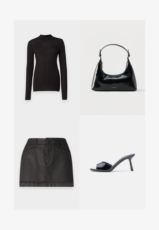 Pull noir à manches longues côtelé avec un col haut et volanté. Le tissu est lisse avec une silhouette ajustée et présente des rayures verticales.; Jupe mini en denim noir avec une fermeture à boutons à l'avant, des passants de ceinture et deux poches avant. Texture lisse avec un subtil éclat.; Sandales à talons ouverts en cuir verni noir, avec un design supérieur incurvé et un talon aiguille effilé. Finition lisse et brillante.; Sac à main Calvin Klein noir brillant avec fermeture éclair dorée et anse courte sur fond blanc uni.