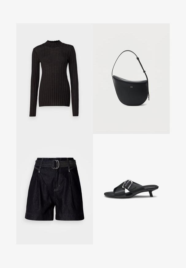 Sort ribbet langærmet sweater med en høj, flæset hals. Stoffet er glat med en tætsiddende silhuet og har vertikale striber.; Sorte denimshorts med bred linning og en sølvspænde. Har frontplisseringer, kontrastsyninger og en afslappet pasform.; Sort læder-skjusesandal med lav kittenhæl, brede krydsede remme og en stor sølvspænde-detalje på siden.; Sort halv-måne skuldertaske i læder med justerbar rem og guld "BOSS"-logo centreret foran.