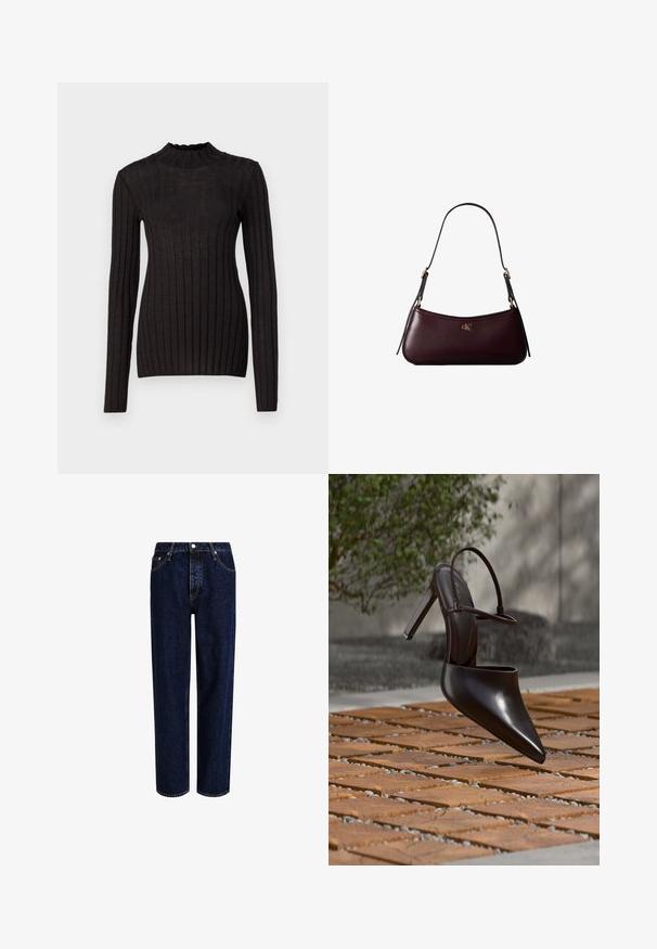 Zwarte geribde trui met lange mouwen en een hoge, volantsnek. De stof is soepel met een getailleerde silhoutte en heeft verticale strepen.; Donkerblauwe denim jeans met een straight-leg ontwerp, voorzien van een hoge taille, vijf zakken en contrasterende stiksels. Geen versieringen.; Glanzende zwarte hoge hak mule met spitse neus en enkelriem, zwevend boven een oppervlak met terracottategels en grindvoegen.; Donker bordeauxkleurige leren handtas met een smalle zwarte schouderband en klein gouden "cK" logo aan de voorkant in het midden.