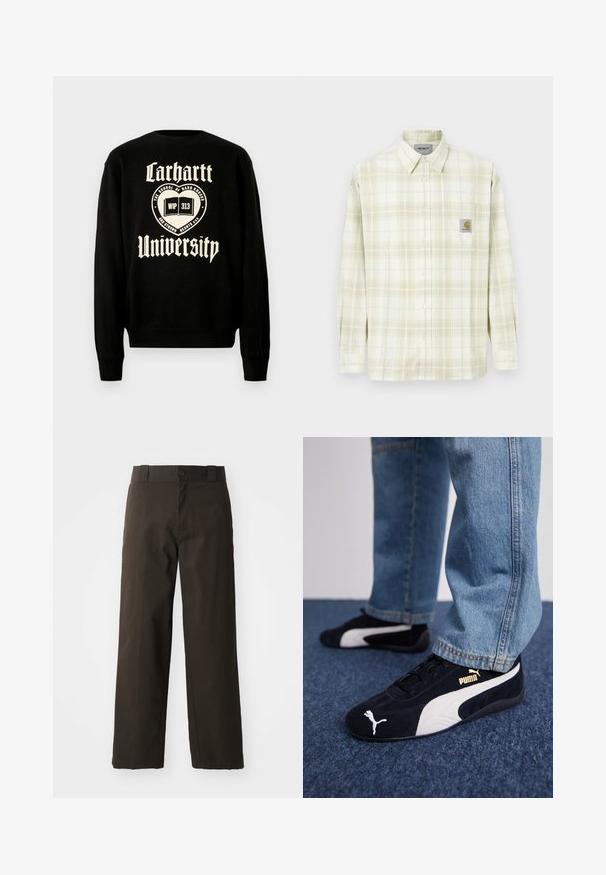 Sweatshirt noir avec un texte blanc qui indique "Carhartt University" et un motif d'emblème avec un livre ouvert, indiquant un style décontracté.; Chemise à carreaux de couleur claire avec des manches longues, un devant à boutons et une poche poitrine avec un patch logo. Matière en coton au toucher doux.; Pantalons en coton noirs avec une coupe droite, dotés d'une fermeture à bouton et d'une taille classique. Texture lisse, sans motifs ni accents.; Baskets en daim noir avec accents blancs, arborant un logo doré. Portées avec un jean en denim bleu clair et posées sur une surface bleue texturée.