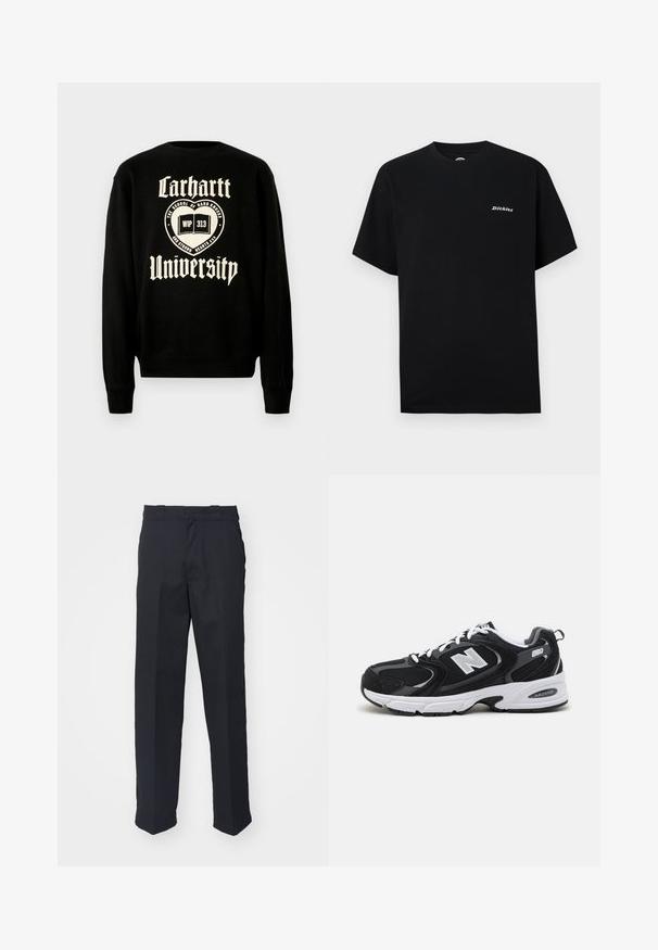 Sweatshirt noir avec un texte blanc qui indique "Carhartt University" et un motif d'emblème avec un livre ouvert, indiquant un style décontracté.; T-shirt en coton noir à manches courtes et col rond, avec un petit logo blanc sur le côté gauche de la poitrine.; Pantalons noirs sur mesure avec une coupe droite, en tissu lisse, dotés d'une taille avec passants et sans motifs ni pièces métalliques visibles.; Baskets de sport noires et grises avec un tige en mesh et en suède, présentant une semelle intermédiaire blanche, des lacets et un logo "N" audacieux sur le côté.