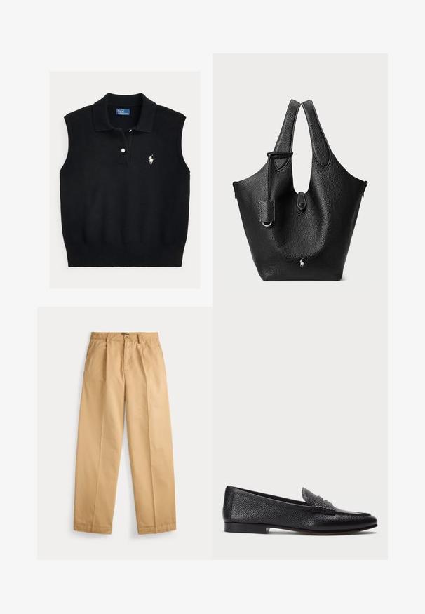 Pull sans manches noir en maille texturée avec un col côtelé, doté d'une patte à deux boutons et d'un logo brodé blanc.; Pantalon beige à jambes droites avec fermeture par bouton et zip, poches avant, passants pour ceinture et plis marqués le long des jambes.; Mocassin en cuir noir avec une finition texturée, doté d'une sangle décorative et d'un talon plat. Design épuré et minimal avec un bout arrondi.; Sac fourre-tout en cuir noir avec une texture granulée, un haut arrondi, deux poignées et un détail logo argenté à l'avant. Doté d'une bandoulière amovible.