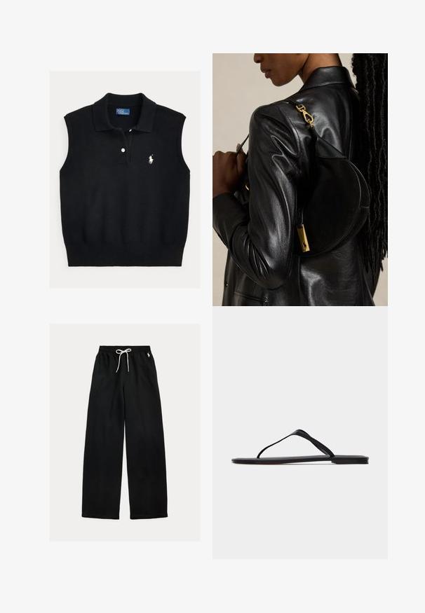 Sort ærmeløs polo-pullover lavet af struktureret strikstof med en ribkantet krave, der har en to-knaps stolpe og et hvidt broderet logo.; Sorte sweatpants med vide ben, hvid snøre i taljen og lille hvidt logo på øverste venstre side.; Sort flad flip-flop sandal med tynde remme og minimalistisk design vist fra siden på en ensfarvet lys baggrund.; Person iført sort læderjakke bærer sort halvmåneformet håndtaske med guldlås over skulderen mod ensfarvet baggrund.