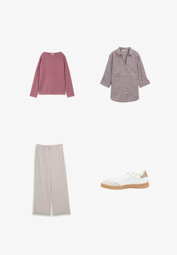 Pull à manches longues, ample, en maille rose doux. Encolure arrondie et épaules basses, avec une finition texturée.; Chemise à manches longues avec un petit motif à carreaux en violet pâle et blanc, comportant deux poches poitrine et des poignets retroussés.; Pantalon beige à jambes larges avec passants de ceinture, deux boutons à la taille, et poches latérales, posé à plat sur un fond blanc.; Baskets blanches avec un dessus en cuir lisse, un capuchon en suède beige et une semelle en caoutchouc texturé tan. Dispose de cinq œillets pour les lacets et d'un talon rembourré.