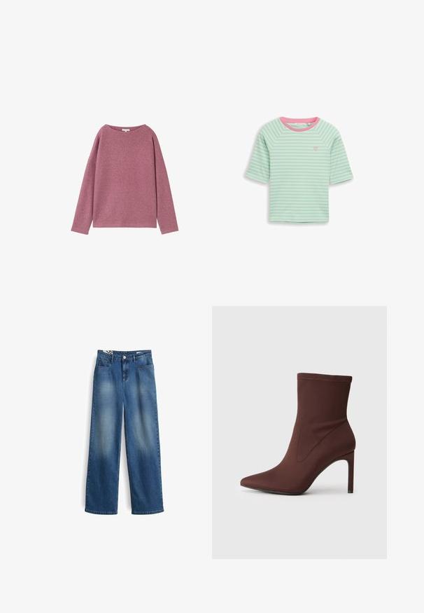 Langärmliger, lockerer Pullover aus einem weichen, rosa Strickmaterial. Rundhalsausschnitt und überschnittene Schultern, mit einer strukturierten Oberfläche.; Kurzärmeliges Hemd in Mintgrün und Weiß gestreift mit pinkfarbenem Kragenabschluss und kleinem pinkfarbenem Herz, das auf der linken Brust gestickt ist.; Jeans im weitem Schnitt aus Denim, mittleres Blau, ausgewaschene Vorderseite, fünf Taschen, Knopf- und Reißverschluss, Gürtelschlaufen, strapazierfähiger Stoff.; Braune Stretch-Stoff-Ankle-Boots mit spitzer Zehe und 10 cm hohen Stiletto-Absätzen. Nahtdetails an den Seiten, glatte Textur und keine sichtbaren Verschlüsse.