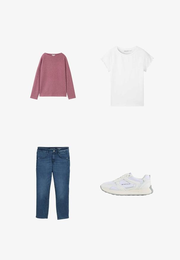 Langärmliger, lockerer Pullover aus einem weichen, rosa Strickmaterial. Rundhalsausschnitt und überschnittene Schultern, mit einer strukturierten Oberfläche.; TOM TAILOR DENIM MIT ÄRMELDETAILS - T-Shirt basic - white; Dunkelblaue Jeans aus Denim mit geradem Schnitt, fünf Taschen und Gürtelschlaufen. Verfügt über einen vorderen Knopfverschluss und dezente Ausbleichungen.; Weißer Sportschuh mit einem Obermaterial aus Mesh und Synthetik, ausgestattet mit silbernen Akzenten und einer strukturierten Gummisohle, beschriftet mit "TOM TAILOR."