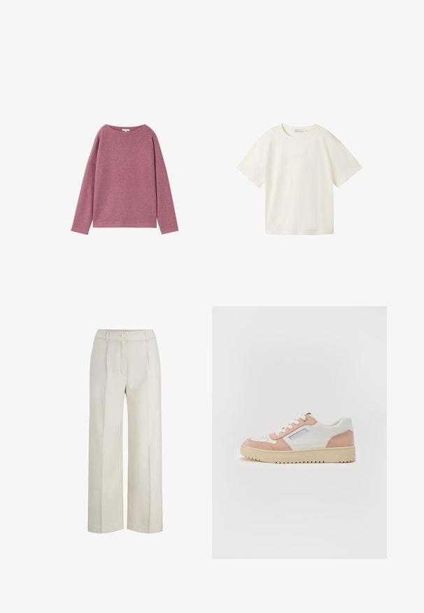 Lange mouwen, loshangende trui van een zachte roze gebreide stof. Ronde halslijn en verlaagde schouders, met een gestructureerde afwerking.; TOM TAILOR DENIM T-shirt basic - gardenia white; Licht beige wijde broek gemaakt van gestructureerde stof. Voorzien van een voorsprong knoop, plooien en een hoge taille.; Witte en roze sneaker van glad leer en suède, met een ronde neus, platte zool en tonale veters. Bevat een zijbrandingdetail.