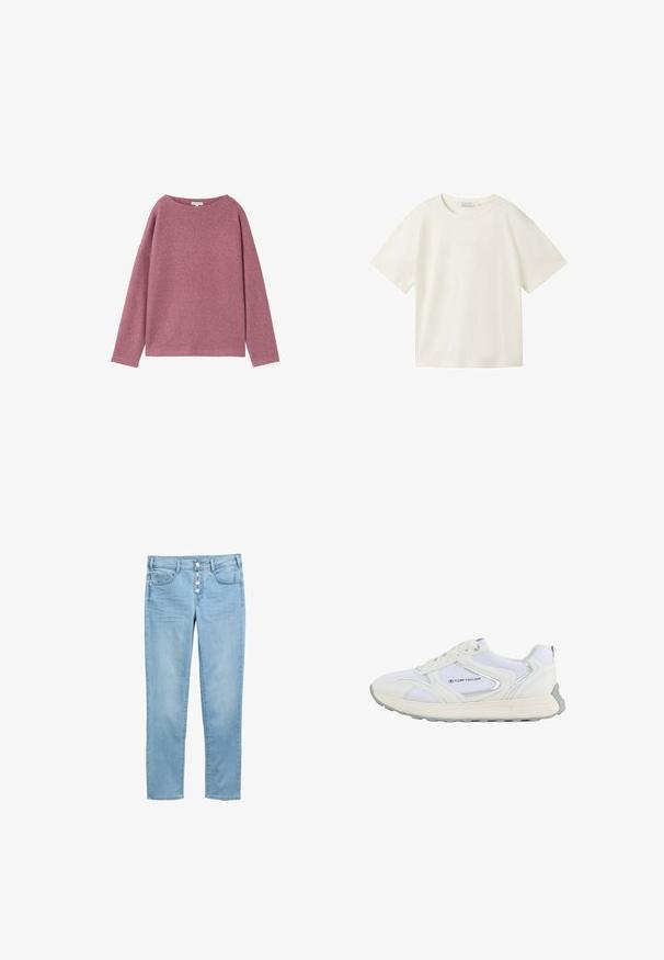 Langärmliger, lockerer Pullover aus einem weichen, rosa Strickmaterial. Rundhalsausschnitt und überschnittene Schultern, mit einer strukturierten Oberfläche.; TOM TAILOR DENIM T-Shirt basic - gardenia white; Hellblaue Jeans aus Denim mit tailliertem Design, fünf Taschen und einem mit Knöpfen versehenen Reißverschluss mit fünf sichtbaren Knöpfen. Glatte Textur und klassischer Schnitt.; Weißer Sportschuh mit einem Obermaterial aus Mesh und Synthetik, ausgestattet mit silbernen Akzenten und einer strukturierten Gummisohle, beschriftet mit "TOM TAILOR."
