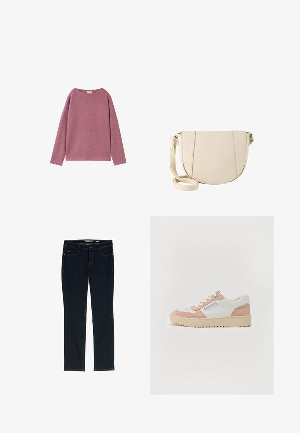 Langærmet, løstsiddende sweater i et blødt pink strikmateriale. Rund halsudskæring og sænkede skuldre med en struktureret overflade.; Mørkeblå lige ben jeans lavet af denim. Har fem lommer, kontrastfarvet orange syning og en linning med mærkets navn.; Hvide og lyserøde sneakers i glat læder og ruskind, rund tå, flad sål og tonale snørebånd. Har sidebranding-detalje.; Crossbody taske i struktureret cremefarvet kunstlæder, halvcirkelformet, justerbar rem, minimal syning og diskret branding forneden.