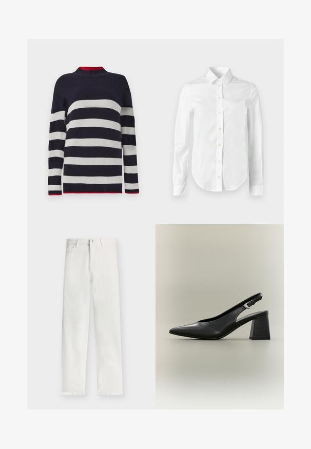 Pull rayé bleu marine et blanc avec une texture côtelée, présentant un col haut et des accents rouges au niveau du col et de l'ourlet.; Chemise blanche à manches longues en coton, avec un col pointu, une fermeture boutonnée avec des boutons jaunes, et une broderie de logo discrète sur la poitrine.; Modström PRINCESSMD - Wide Leg - vanilla cream; Chaussure à bride arrière en cuir noir avec bout pointu, boucle argentée et talon bloc épais sur un fond neutre.