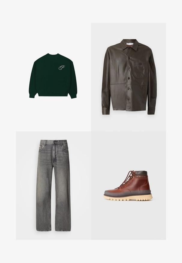 Suéter de manga larga verde oscuro con puños y dobladillo acanalados, que presenta un pequeño logo en cursiva de color claro 'P' en la parte superior izquierda del pecho.; Chaqueta de camisa de cuero marrón oscuro con cuello puntiagudo, cierre frontal de botones y un bolsillo en el pecho. Presenta una textura suave y costuras visibles.; Jeans de pierna ancha en denim gris oscuro con acabado descolorido. Cuenta con el diseño clásico de cinco bolsillos y trabillas para cinturón.; Botas altas de cuero marrón con ojales metálicos, acentos marrones, suela de goma gruesa y entresuela acanalada para tracción.