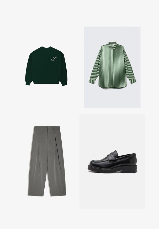 Mørkegrønt langærmet sweater med ribbede manchetter og kant, der har et lille lysfarvet kursiv "P" logo på den øverste venstre bryst.; Herre langærmet skjorte med knapper i lodrett grønne, hvide og brune striber, en forreste brystlomme og en krave, der kan knappes.; Grå brede, skræddersyede bukser med forreste folder, knaplukning og bæltestropper, lagt fladt på en hvid baggrund.; Sorte læder loafers med en rund tå, dekorativ forkantssyning og en tyk gummisål. Glat tekstur med en poleret finish.