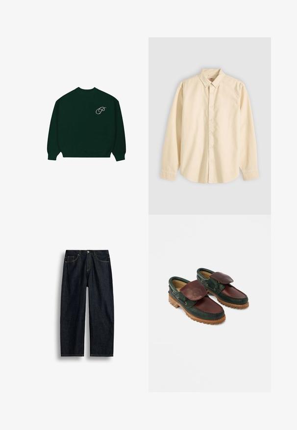 Mørkegrønt langærmet sweater med ribbede manchetter og kant, der har et lille lysfarvet kursiv "P" logo på den øverste venstre bryst.; Langærmet beige skjorte med knapper og krave, lagt fladt med knapperne lukket og manchetterne knappede på en lys baggrund.; Mørkeblå straight-leg denimjeans med gul syning, forlommer og en knaplukning ved taljen.; Lædersko med en mørkegrøn krop og en burgunderrød top, rund tå, fastgjort klap og tekstureret gummisål med riller.