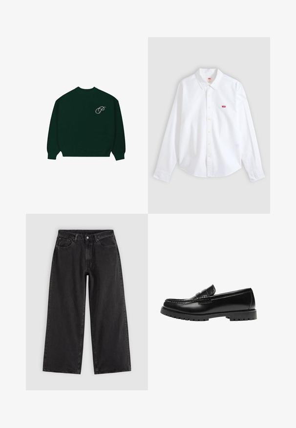 Mørkegrønt langærmet sweater med ribbede manchetter og kant, der har et lille lysfarvet kursiv "P" logo på den øverste venstre bryst.; Hvid langærmet skjorte med knapper og krave samt lille rødt Levi's-logo på venstre brystområde på en neutral baggrund.; Sorte denim jeans med vide ben, forlommer, bæltestropper og knaplukning, vist på en ensfarvet lys baggrund.; Sort læderloafer med en kraftig gummisål og klassiske penny-strap detaljer, vist fra ydersiden.