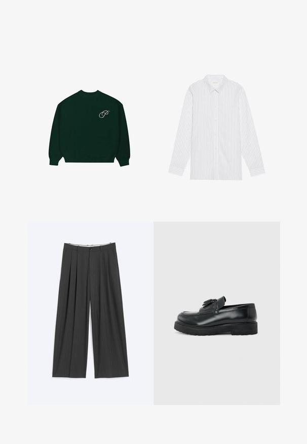 Mørkegrønt langærmet sweater med ribbede manchetter og kant, der har et lille lysfarvet kursiv "P" logo på den øverste venstre bryst.; Hvid skjorte med tynde sorte lodrette striber, med en klassisk krave og lange ærmer med knapmanchetter.; Mørkegrå bukser med vide ben og diskrete nålestriber, for-ploer, bæltestropper og knaplukning, lagt fladt på en lys baggrund.; Sort læderloafer med kvaster, tyk gummisål og lav hæl, vist i sideprofil på en ensfarvet baggrund.
