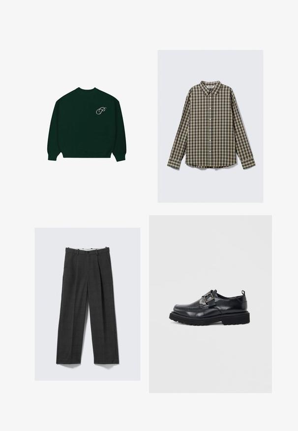 Mørkegrønt langærmet sweater med ribbede manchetter og kant, der har et lille lysfarvet kursiv "P" logo på den øverste venstre bryst.; Langærmet skjorte med knapper, der har et ternet mønster i mørkeblå, beige og sort, med spread krave og rundet kant.; Løse, mørkegrå bukser med ternet mønster, lavet af struktureret stof. Har en knaplukning og to sidelommer.; Sort læderloafer med tyk sål og sølvspændebånd på siden mod hvid baggrund.