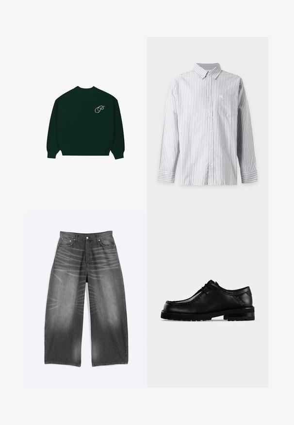 Suéter de manga larga verde oscuro con puños y dobladillo acanalados, que presenta un pequeño logo en cursiva de color claro 'P' en la parte superior izquierda del pecho.; Camisa de manga larga con botones, con rayas verticales grises y blancas, bolsillo en el pecho y cuello con botones.; Vaqueros de denim negro desteñido de pierna ancha con bolsillos delanteros y cierre de botones, mostrados planos sobre un fondo claro.; Zapato de cuero negro con cordones, suela gruesa de goma y costura moc toe, mostrado desde el lado izquierdo sobre un fondo claro y liso.