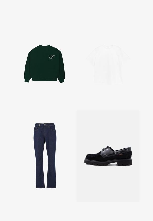 Suéter de manga larga verde oscuro con puños y dobladillo acanalados, que presenta un pequeño logo en cursiva de color claro 'P' en la parte superior izquierda del pecho.; Camiseta de cuello redondo de manga corta en algodón blanco liso. Corte estándar con un diseño sencillo y sin patrones ni acentos visibles.; Vaqueros de mezclilla de pierna recta en azul oscuro, con botón y cremallera delanteros, que cuentan con bolsillos delanteros y traseros y detalles visibles de costura.; Zapato náutico de cuero negro y ante con suela gruesa de clavos, ojales para cordones y costuras laterales sobre fondo claro y liso.