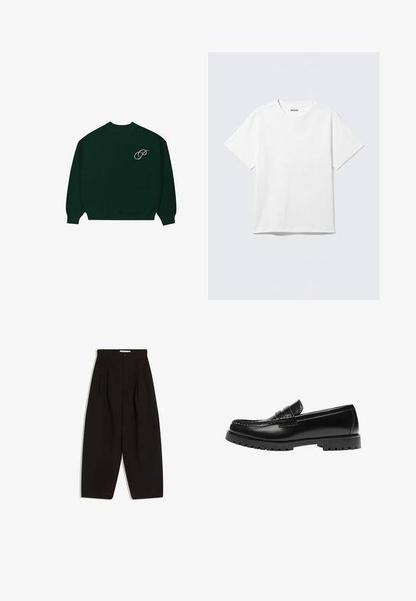 Pull en maille à manches longues de couleur vert foncé avec des poignets et un ourlet côtelés, présentant un petit logo en cursive de couleur claire "P" sur le haut à gauche de la poitrine.; T-shirt blanc à manches courtes et col rond, étalé à plat, design uni, avec l'étiquette "WEEKDAY" à l'intérieur du col sur un fond clair.; Pantalon noir à jambes larges en tissu doux, avec un devant plissé, une fermeture à boutons et des poches latérales pour plus de fonctionnalité.; Mocassin en cuir noir avec une semelle en caoutchouc épaisse et un détail classique de bride à monnaie, vu de côté extérieur.