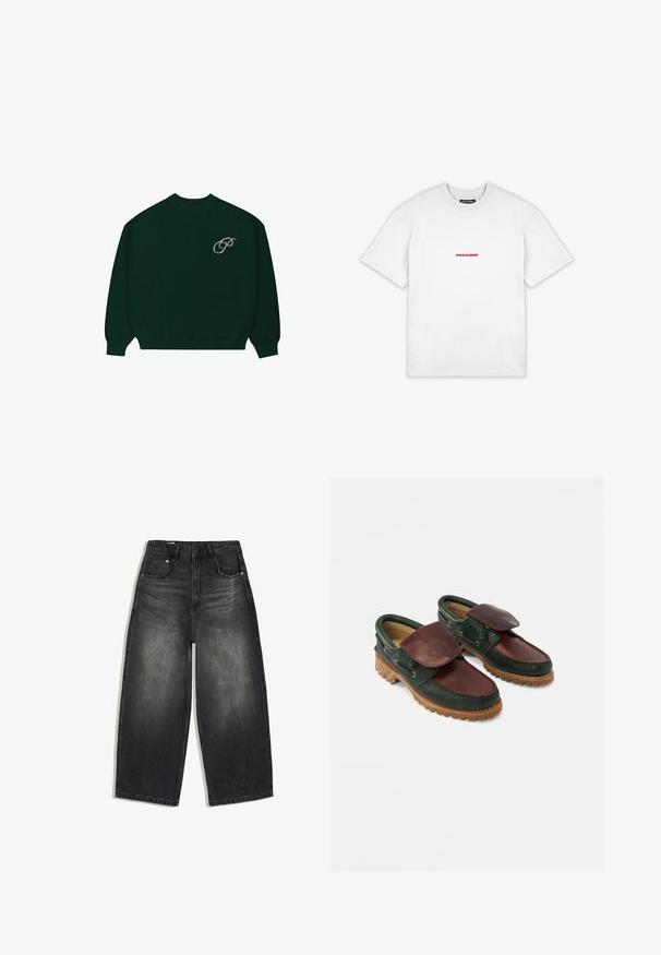 Mørkegrønt langærmet sweater med ribbede manchetter og kant, der har et lille lysfarvet kursiv "P" logo på den øverste venstre bryst.; Pegador COLNE LOGO - T-shirts print - white/red; Sortvaskede denimbukser med vide ben, for- og baglommer, bæltestropper og en knaplukning i taljen.; Lædersko med en mørkegrøn krop og en burgunderrød top, rund tå, fastgjort klap og tekstureret gummisål med riller.