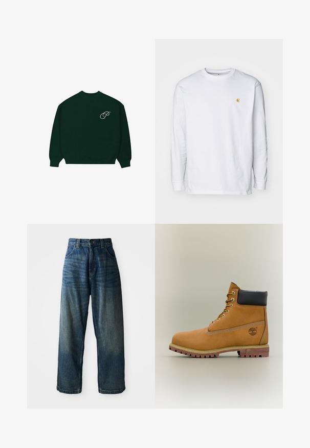Suéter de manga larga verde oscuro con puños y dobladillo acanalados, que presenta un pequeño logo en cursiva de color claro 'P' en la parte superior izquierda del pecho.; Camiseta de manga larga blanca de algodón. Cuenta con un pequeño logo dorado en el pecho y un cuello redondo. Diseño simple y corte estándar.; Jeans de mezclilla azul de pierna ancha con un acabado desgastado. Presenta cinco bolsillos, un cierre de botón y costuras en contraste. Tejido pesado.; Bota de tobillo de cuero marrón con cuello negro, cordones amarillos y suela beige. Presenta un logotipo y detalles de costura blanca. Suela exterior con tracción robusta.