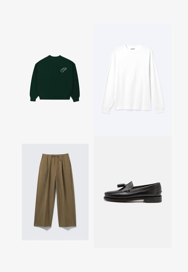 Suéter de manga larga verde oscuro con puños y dobladillo acanalados, que presenta un pequeño logo en cursiva de color claro 'P' en la parte superior izquierda del pecho.; Camisa blanca lisa de manga larga con cuello redondo y puños acanalados, mostrada sobre un fondo claro y neutro.; Pantalones de pierna ancha en verde olivo, confeccionados con una tela suave, con cintura elástica y cordón ajustable. Cuenta con dos bolsillos laterales.; Mocasines de cuero negro con costuras de mocasín, punta redonda y acento de borlas. Tacón plano con una textura suave, diseñados para uso casual.