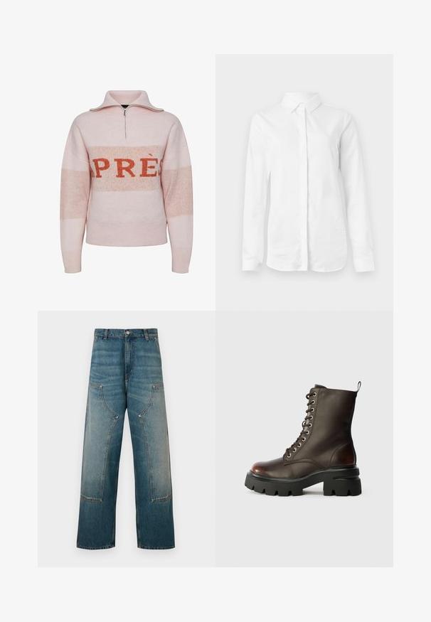 Pieces JORDAN - Jersey de punto - rose shadow; Camisa blanca de manga larga hecha de algodón suave. Presenta un cuello clásico y un cierre de botones en la parte delantera, con un dobladillo recto y sin patrones.; Vaqueros de tiro alto en un lavado azul claro, con piernas anchas, costuras en contraste y bolsillos con detalles en parche a cada lado.; Botín de combate de cuero marrón oscuro con cordones, suela de taco negra gruesa y lazo en el talón, mostrado en perfil sobre fondo blanco.