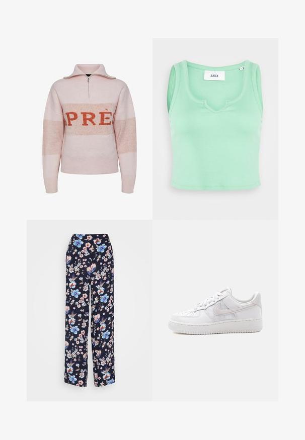 Pieces JORDAN - Jersey de punto - rose shadow; JJXX JXFINA - Top - absinthe green; ONLY ONLNOVA WIDE LEGGED - Pantalones - sky captain; Zapatilla Nike Air Force 1 blanca de caña baja con cordones blancos, perforaciones en la puntera y panel de malla detrás del logo de Nike Swoosh.