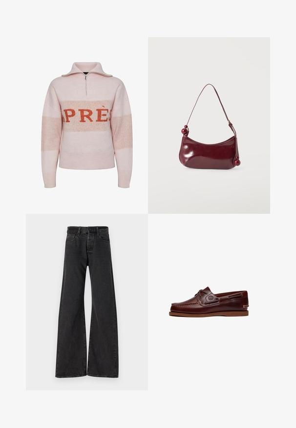 Pieces JORDAN - Pullover - rose shadow; Jeans noirs à jambes larges en denim. Équipés d'une fermeture à bouton, de passants de ceinture et de deux poches avant. Texture subtile visible sur le tissu.; Chaussure bateau en cuir marron avec lacets, détails de couture et logo Timberland sur le côté, présentée sur un fond blanc.; Petit sac à épaule rouge foncé brillant avec un bord supérieur incurvé et des perles rondes décoratives aux extrémités de la bandoulière.