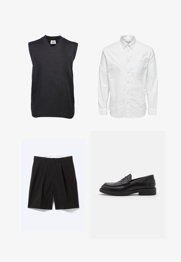 Lindbergh V-NECK SLIPOVER - Striktrøje - black; Hvid skjorte med lange ærmer, knapper, krave og brystlomme, med mærket "Selected Homme" på indersiden af kraven.; Sorte skræddersyede knælange shorts med bæltestropper, sidelommer, knaplukning og forreste plisseringer, lagt fladt på en hvid baggrund.; Sorte læder loafers med en rund tå, tonale syninger og en stropdetalje foran. Gummisål med en lav hæl.