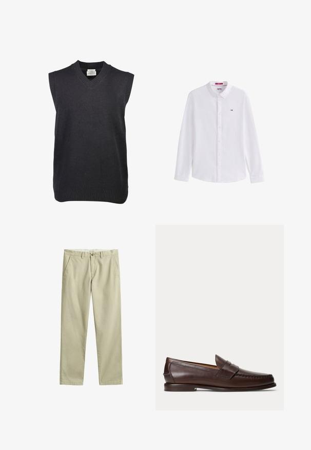 Lindbergh V-NECK SLIPOVER - Trui - black; Witte overhemd met lange mouwen, knopen, kraag en klein Tommy Jeans-logo op de linkerborst.; Beige chino's met rechte pijpen, riemlussen, knoop- en ritssluiting aan de voorkant en zijzakken, plat gelegd op een witte achtergrond.; Donkerbruine leren penny loafer met stikseldetails en lage gestapelde hak, van opzij gezien op een effen achtergrond.