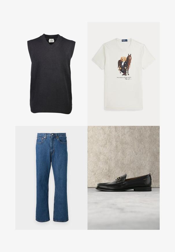 Lindbergh V-NECK SLIPOVER - Striktrøje - black; Hvid t-shirt med rund hals med en grafik af en bjørn i smoking, der står ved siden af en brun hest, med teksten Polo Bear af Ralph Lauren nedenfor.; Blå straight-leg denim jeans med frontknap og lynlås, fem lommer og orange syninger på en ensfarvet baggrund.; Sort læderloafers med guldfarvet metaldekoration og "HUGO" branding, vist mod en beige tæppe og brunt gennemsigtigt møbel.