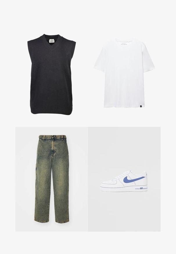 Lindbergh V-NECK SLIPOVER - Striktrøje - black; Hvid kortærmet T-shirt i almindelig pasform med rund halsudskæring og lille sort stofetiket i bundkanten.; Slidse denim jeans i en falmet blå og grøn vask. Har en knaplukning, bælteløkker og sidelommer. Flad front og lige ben-design.; Hvide Nike Air Force 1 sneakers med blå accenter. Har glat læder, perforeret tåboks og gummisål med synlige stikninger.