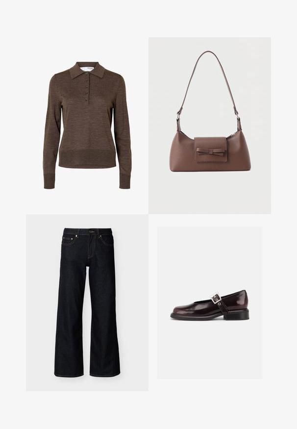 Brun dames poloshirt med lange ærmer, krave og fem knapper foran, lavet af fint strikket stof.; Mørkeblå jeans med brede ben, med forreste knap, lynlås og styling med fem lommer på en ensfarvet lys baggrund.; En enkelt blank mørk burgunder Mary Jane sko med bred rem og sølvspænde, lav blokhæle og rundet tå på hvid baggrund.; Brun skuldertaske i læder med en frontlomme med klap, der har en sydd sløjfedetalje, og en justerbar rem.