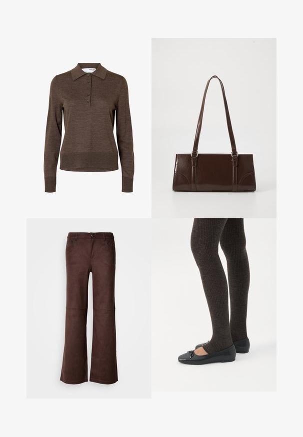 Brun dames poloshirt med lange ærmer, krave og fem knapper foran, lavet af fint strikket stof.; Brune flagrende bukser i et blødt, suede-lignende stof. Har fire lommer, en knaplukning og en glat, tekstureret overflade.; Ben iført mørke ribbede leggings kombineret med sorte balletsko med små sløjfedetaljer på hvid baggrund.; Brun lakeret håndtaske med rektangulær form, to lange håndtag og subtile buede detaljer på fronten.