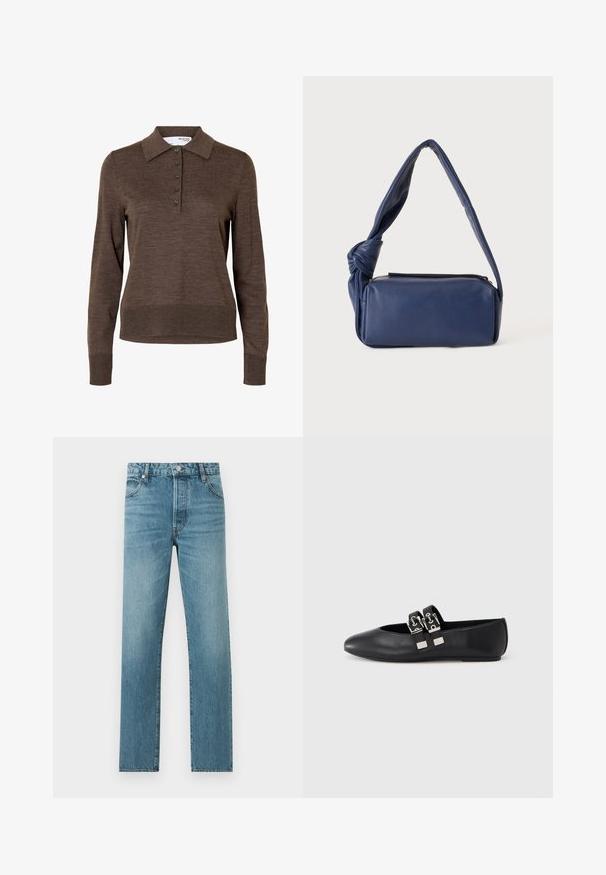 Polo marron à manches longues pour femme avec col et cinq boutons à l'avant, en tissu fin tricoté.; Jean en denim bleu à jambes droites avec poches avant, fermeture par bouton et passants pour ceinture, présenté à plat sur un fond clair.; Chaussure plate en cuir noir avec bout pointu et deux brides avec boucles argentées sur le dessus, photographiée sur un fond clair uni.; Sac à bandoulière rectangulaire en cuir bleu foncé avec une sangle douce nouée et une fermeture éclair sur le dessus, présenté sur un fond uni.