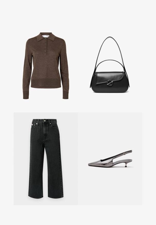Polo marron à manches longues pour femme avec col et cinq boutons à l'avant, en tissu fin tricoté.; Jean large en denim noir, avec une taille haute, deux poches avant, une poche arrière unique et une fermeture à bouton avec un détail argenté.; Chaussure slingback gris métallique à bout pointu, petit talon kitten et bride réglable sur fond blanc.; Sac à bandoulière en cuir noir avec un rabat incurvé fermé par un fermoir métallique rond et une sangle fine et ajustable.