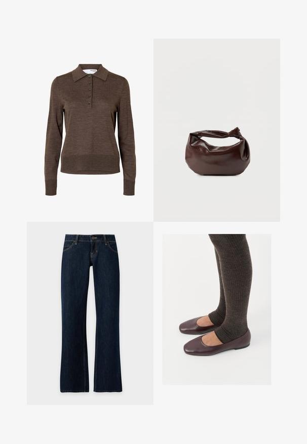 Brun dames poloshirt med lange ærmer, krave og fem knapper foran, lavet af fint strikket stof.; Mørkeblå denim jeans med lige ben, forlommer, bæltestropper og knaplukning på en ensfarvet baggrund.; Burgunderrøde patenterede læder flade sko med firkantet tådesign, parret med mørkebrune ribbede strømpers der når til midten af læggen.; Mørkebrun læder skuldertaske med en blød, afslappet form og et snoet knudehåndtag på en ensartet hvid baggrund.