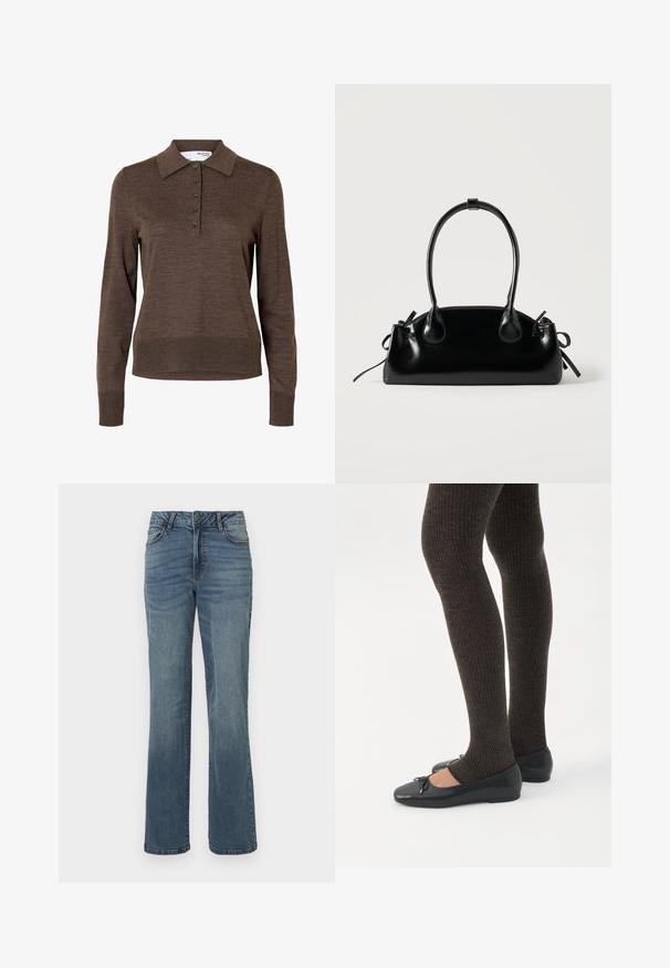 Polo marron à manches longues pour femme avec col et cinq boutons à l'avant, en tissu fin tricoté.; Jean en denim droit bleu avec fermeture à bouton et zip à l'avant, poches avant et arrière, et un léger effet délavé.; Jambes portant des leggings côtelés foncés associés à des ballerines noires avec de petits détails en nœud sur fond blanc.; Petit sac à main noir brillant avec deux longues anses et des détails à cordon sur les côtés sur un fond clair uni.