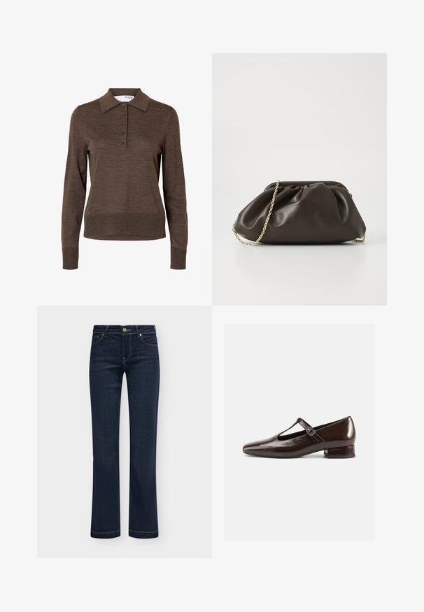 Polo marron à manches longues pour femme avec col et cinq boutons à l'avant, en tissu fin tricoté.; Jean bleu foncé à jambes droites avec cinq poches et fermeture à boutons, présenté à plat sur un fond clair.; Chaussures Mary Jane en cuir verni marron avec un bout arrondi, un design ajouré et une bride réglable. Talon bas bloc.; Sac à main en cuir marron avec un design froncé, une bandoulière en chaîne dorée et une finition douce et texturée. Sa forme compacte est idéale pour une utilisation en soirée.